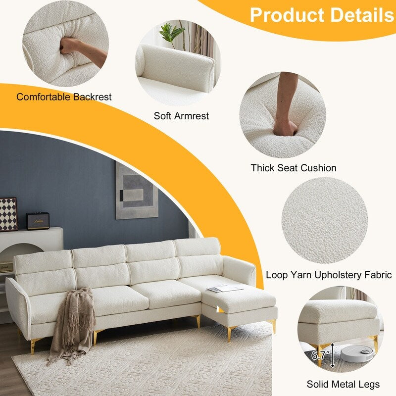 Pushback Chair Shape Four Seats with Footstool Plaid Fleece Diamond Electroplated Gold Triple Leg Indoor Modular Sofa