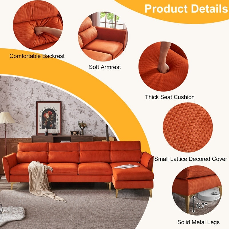 Pushback Chair Shape Four Seats with Footstool Plaid Fleece Diamond Electroplated Gold Triple Leg Indoor Modular Sofa