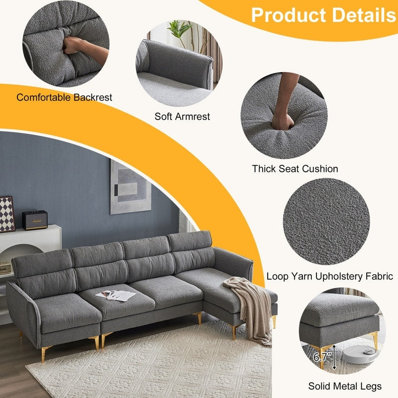 Pushback Chair Shape Four Seats with Footstool Plaid Fleece Diamond Electroplated Gold Triple Leg Indoor Modular Sofa
