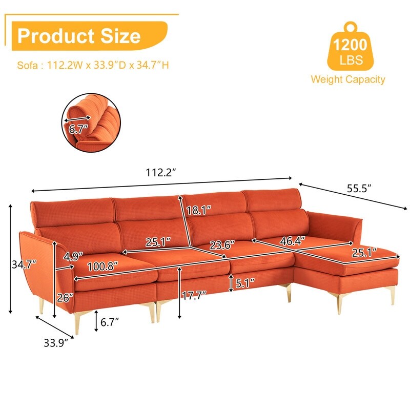 Pushback Chair Shape Four Seats with Footstool Plaid Fleece Diamond Electroplated Gold Triple Leg Indoor Modular Sofa