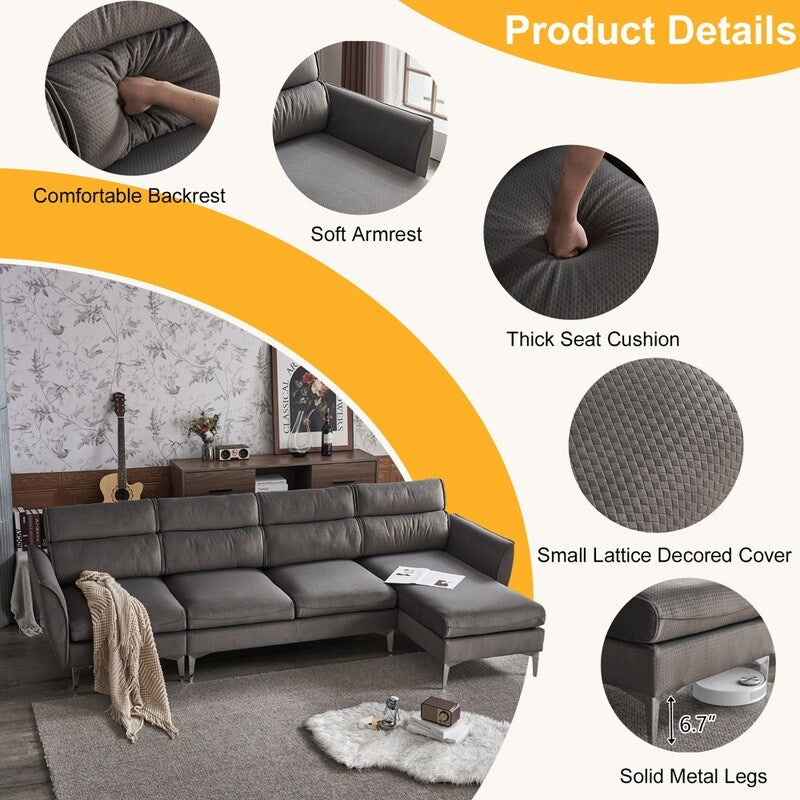 Pushback Chair Shape Four Seats with Footstool Plaid Fleece Diamond Electroplated Gold Triple Leg Indoor Modular Sofa