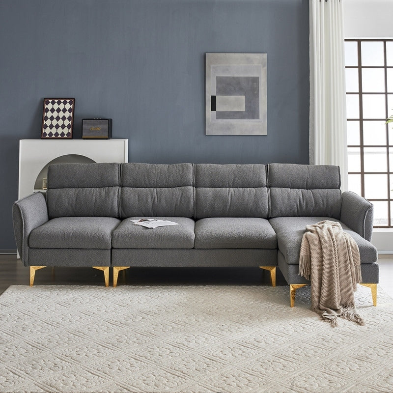 Pushback Chair Shape Four Seats with Footstool Plaid Fleece Diamond Electroplated Gold Triple Leg Indoor Modular Sofa