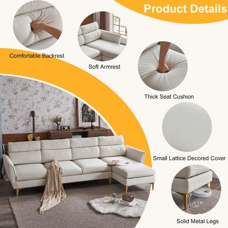Pushback Chair Shape Four Seats with Footstool Plaid Fleece Diamond Electroplated Gold Triple Leg Indoor Modular Sofa