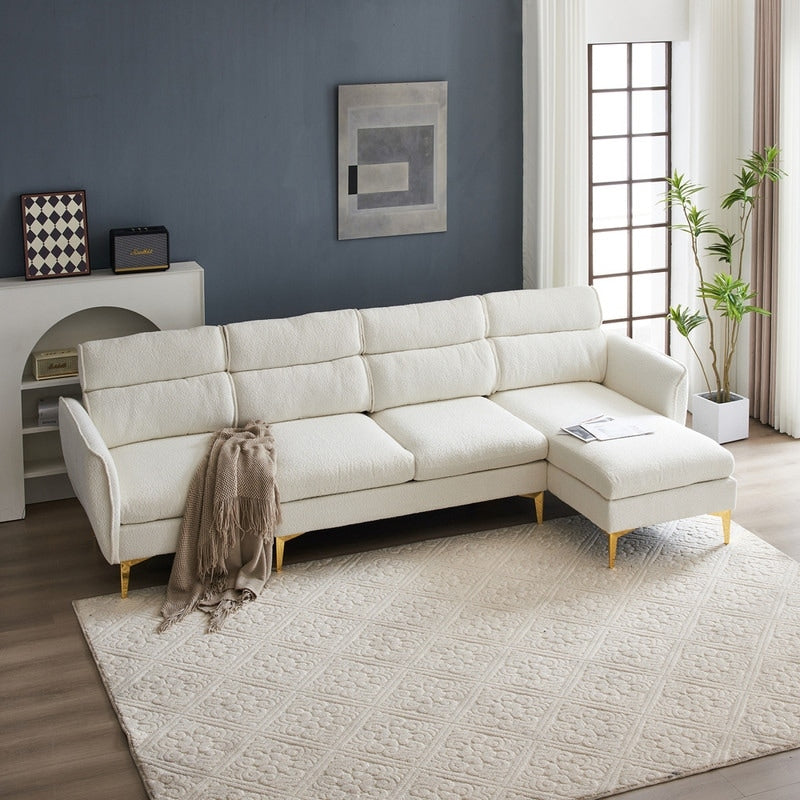 Pushback Chair Shape Four Seats with Footstool Plaid Fleece Diamond Electroplated Gold Triple Leg Indoor Modular Sofa