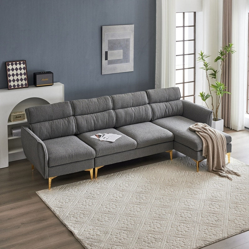 Pushback Chair Shape Four Seats with Footstool Plaid Fleece Diamond Electroplated Gold Triple Leg Indoor Modular Sofa