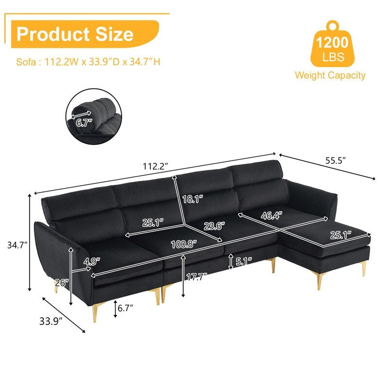 Pushback Chair Shape Four Seats with Footstool Plaid Fleece Diamond Electroplated Gold Triple Leg Indoor Modular Sofa