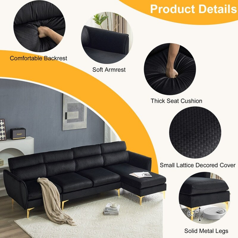 Pushback Chair Shape Four Seats with Footstool Plaid Fleece Diamond Electroplated Gold Triple Leg Indoor Modular Sofa