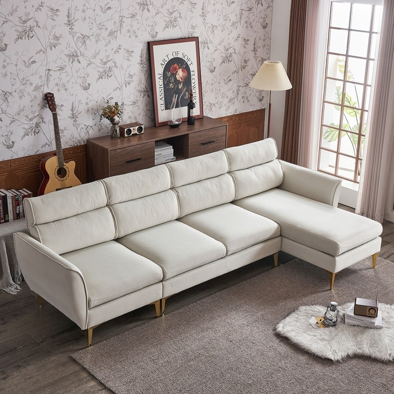 Pushback Chair Shape Four Seats with Footstool Plaid Fleece Diamond Electroplated Gold Triple Leg Indoor Modular Sofa
