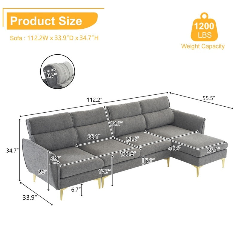 Pushback Chair Shape Four Seats with Footstool Plaid Fleece Diamond Electroplated Gold Triple Leg Indoor Modular Sofa