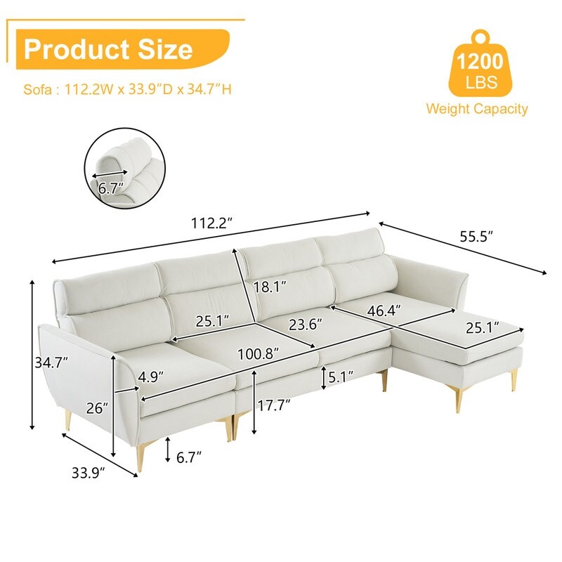 Pushback Chair Shape Four Seats with Footstool Plaid Fleece Diamond Electroplated Gold Triple Leg Indoor Modular Sofa