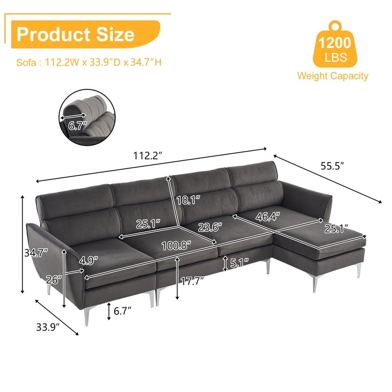 Pushback Chair Shape Four Seats with Footstool Plaid Fleece Diamond Electroplated Gold Triple Leg Indoor Modular Sofa
