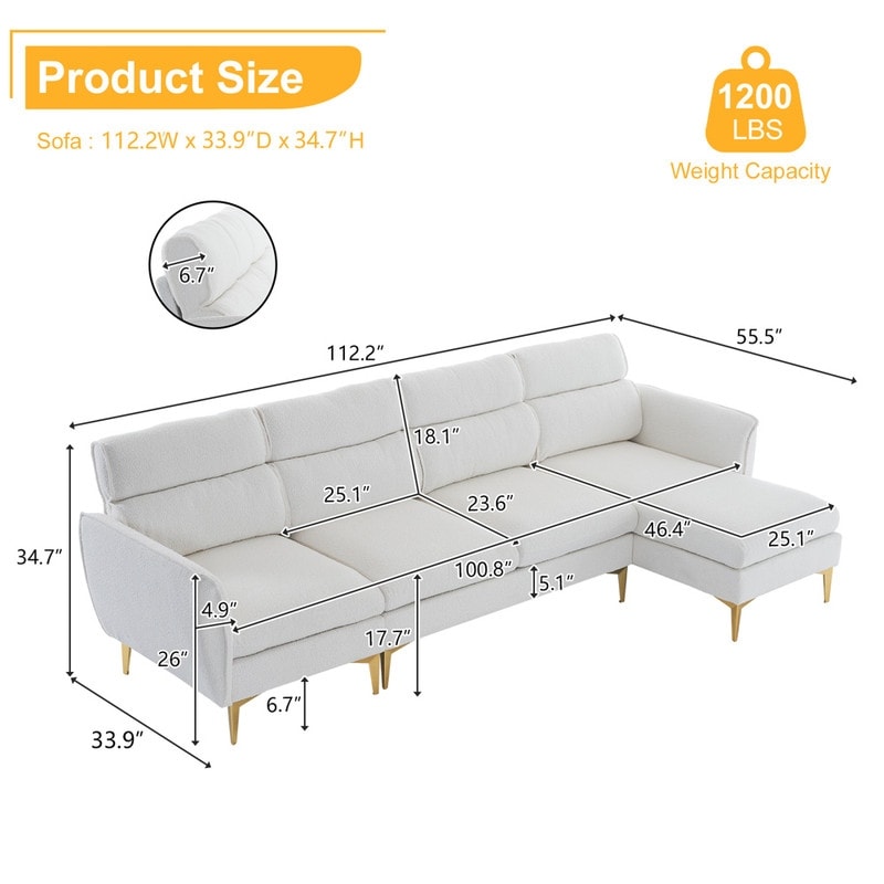 Pushback Chair Shape Four Seats with Footstool Plaid Fleece Diamond Electroplated Gold Triple Leg Indoor Modular Sofa