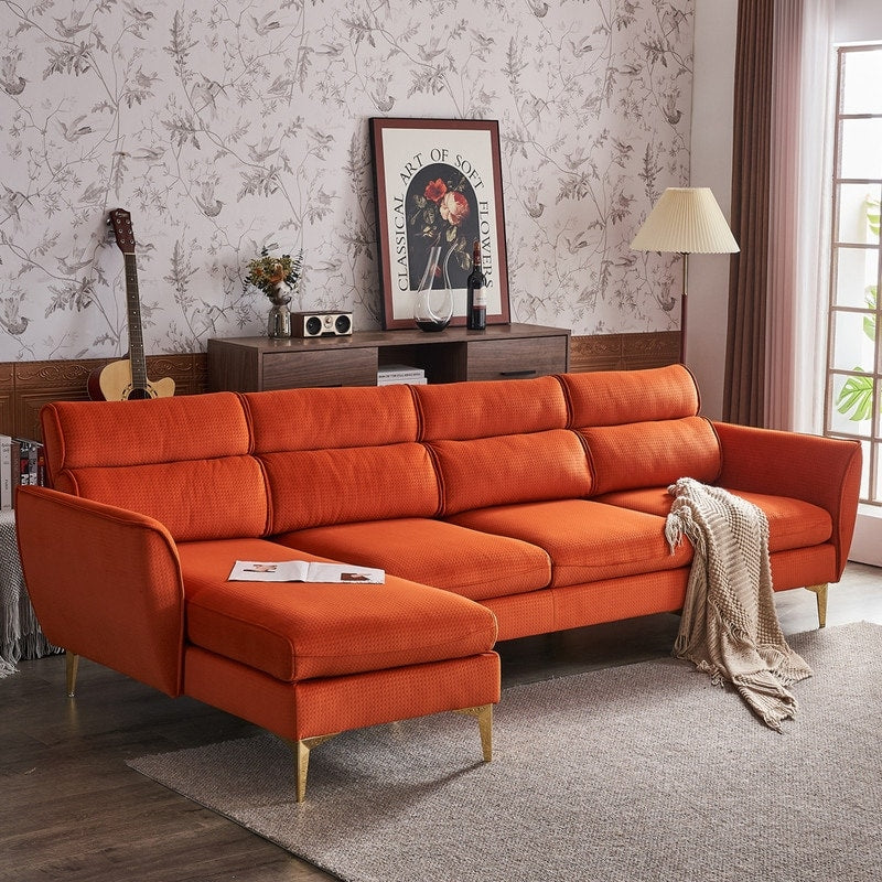 Pushback Chair Shape Four Seats with Footstool Plaid Fleece Diamond Electroplated Gold Triple Leg Indoor Modular Sofa