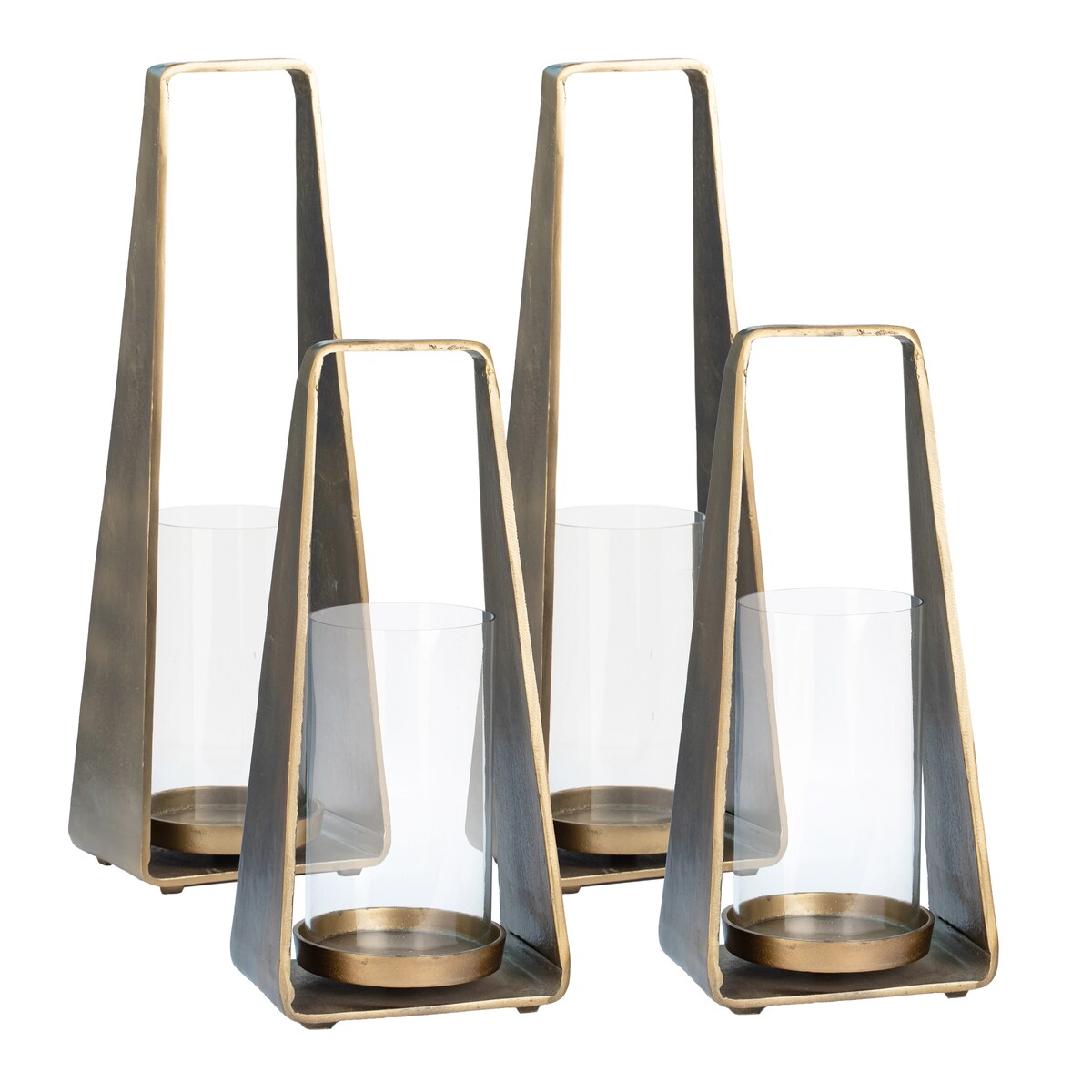 Pyra Small Antique Brass Finished Cast Aluminum and Glass Modern Lanterns, Set of 2