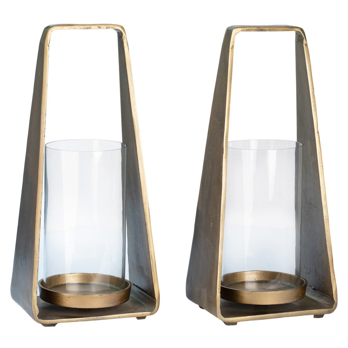 Pyra Small Antique Brass Finished Cast Aluminum and Glass Modern Lanterns, Set of 2