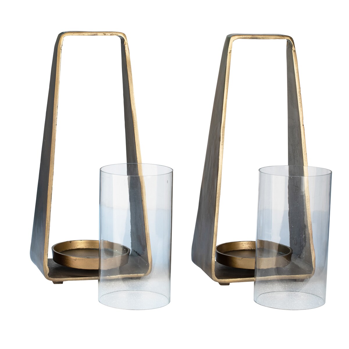 Pyra Small Antique Brass Finished Cast Aluminum and Glass Modern Lanterns, Set of 2