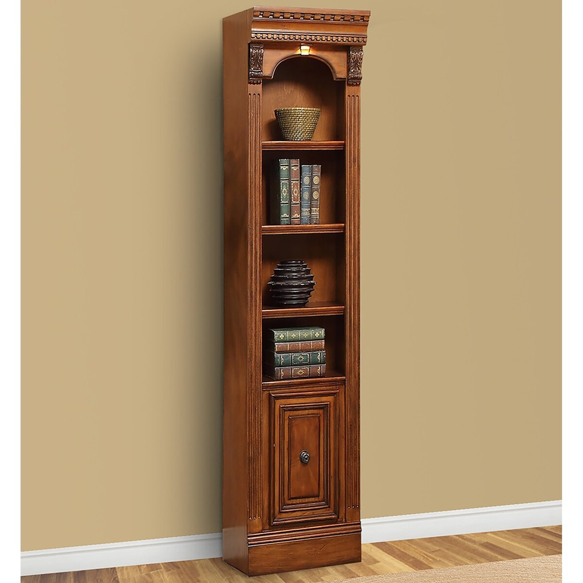 Q-Max 21 in. Open Top Bookcase with 4 Shelves and Cabinet in Antique Vintage Pecan Finish