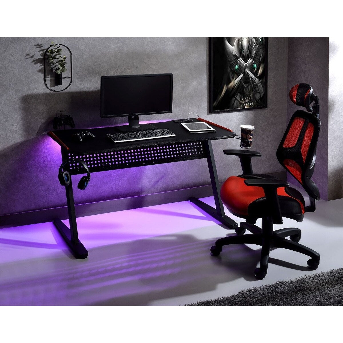 Q-Max Black & Red Finish Metal Gaming Table w/USB Port