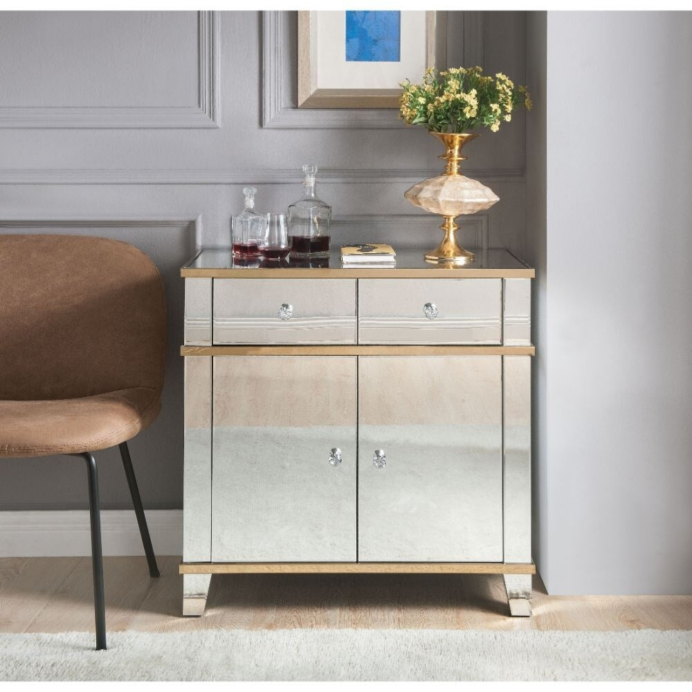Q-Max Console Table Mirrored & Gold Finish Wood With 2 Drawers And 2 Doors
