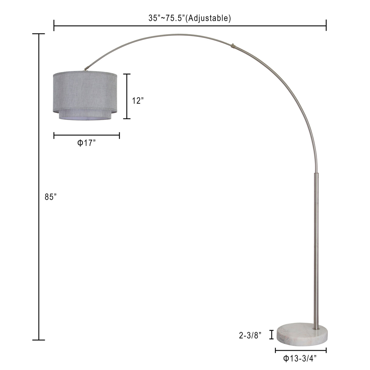 Q-Max Modern 81" Tall Standing Adjustable Arched Floor Lamp with Double Drum Shade and Marble Base