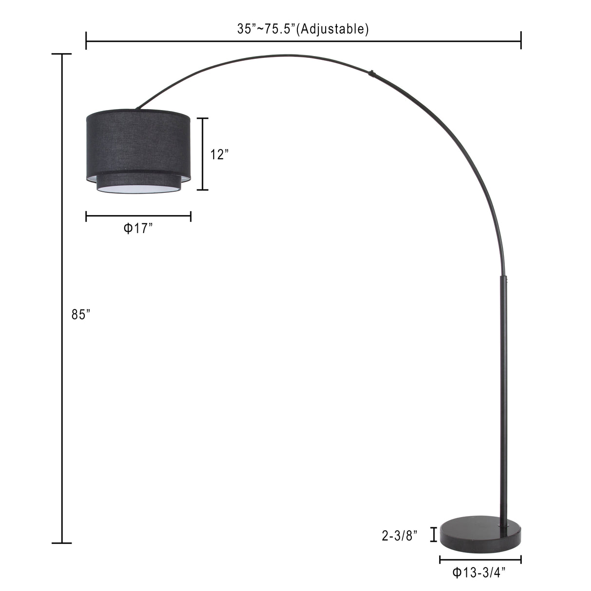 Q-Max Modern 81" Tall Standing Adjustable Arched Floor Lamp with Double Drum Shade and Marble Base