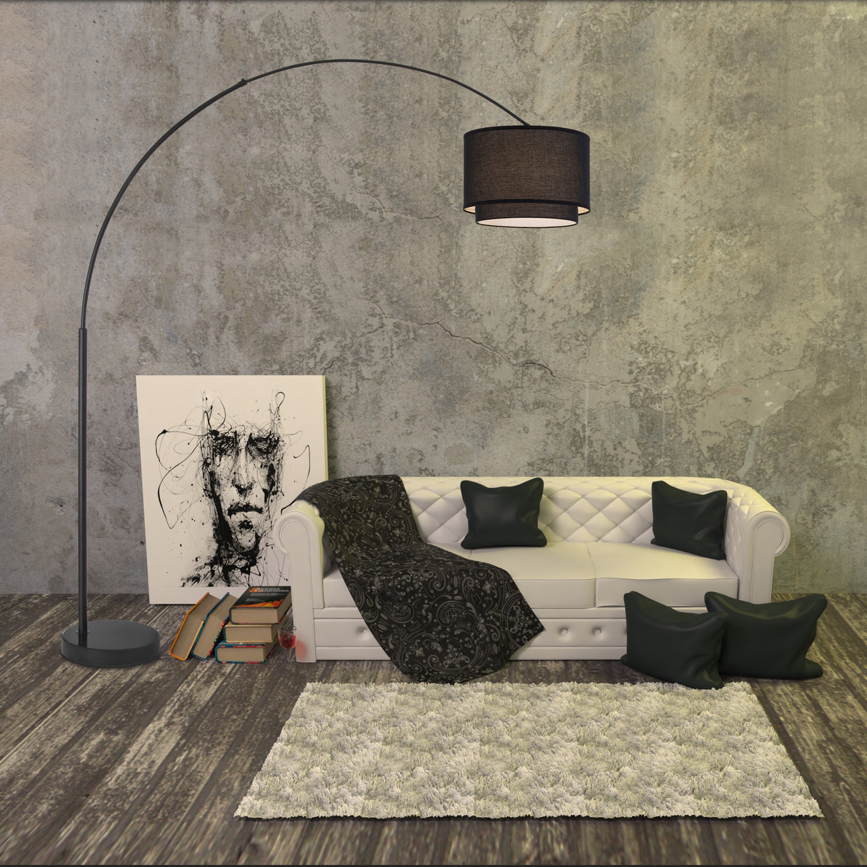 Q-Max Modern 81" Tall Standing Adjustable Arched Floor Lamp with Double Drum Shade and Marble Base