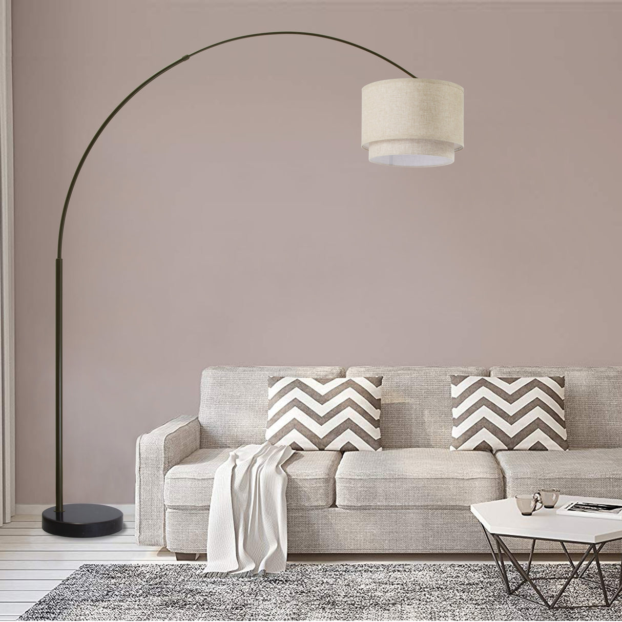Q-Max Modern 81" Tall Standing Adjustable Arched Floor Lamp with Double Drum Shade and Marble Base