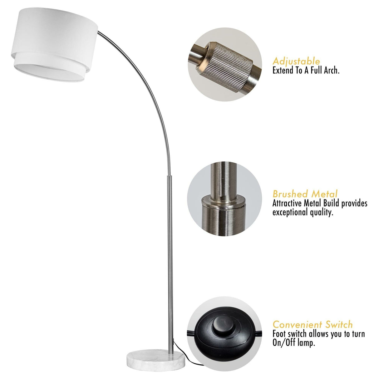 Q-Max Modern 81" Tall Standing Adjustable Arched Floor Lamp with Double Drum Shade and Marble Base
