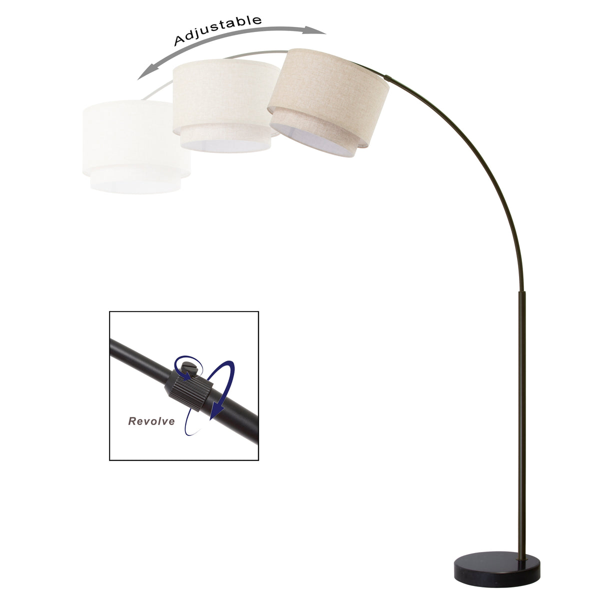 Q-Max Modern 81" Tall Standing Adjustable Arched Floor Lamp with Double Drum Shade and Marble Base
