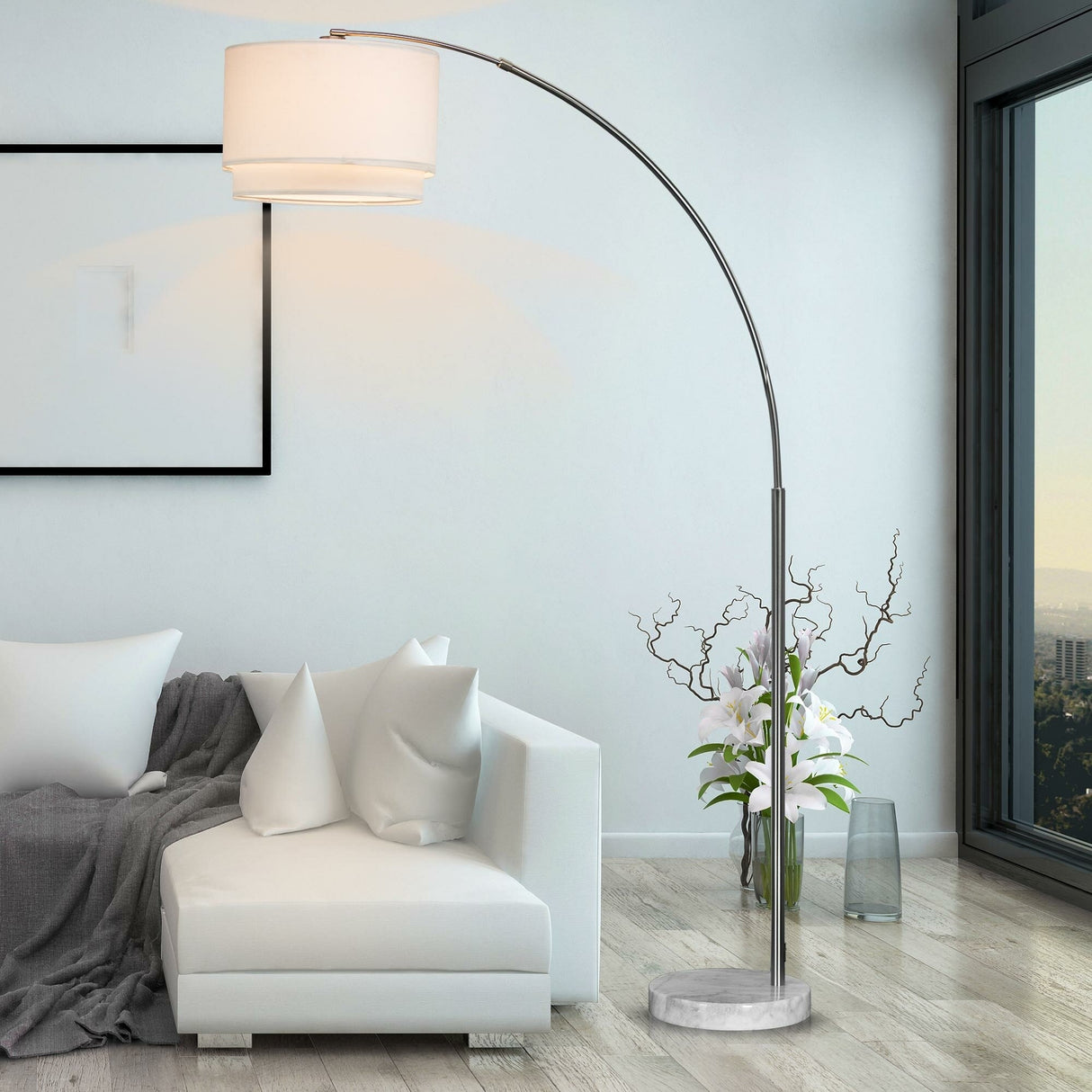 Q-Max Modern 81" Tall Standing Adjustable Arched Floor Lamp with Double Drum Shade and Marble Base