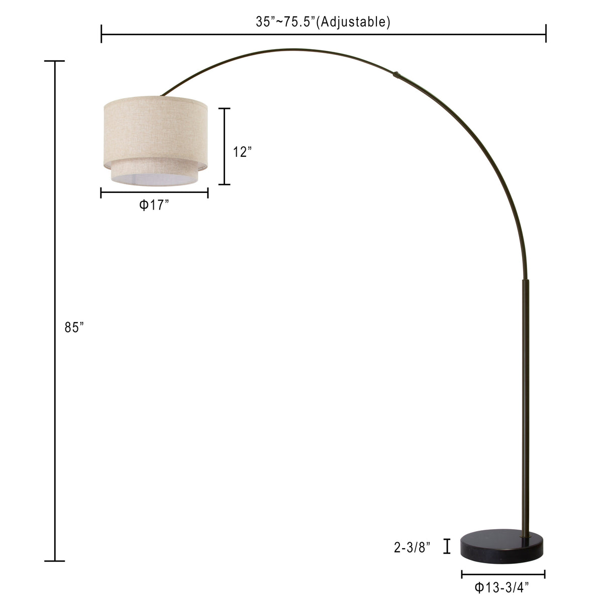 Q-Max Modern 81" Tall Standing Adjustable Arched Floor Lamp with Double Drum Shade and Marble Base
