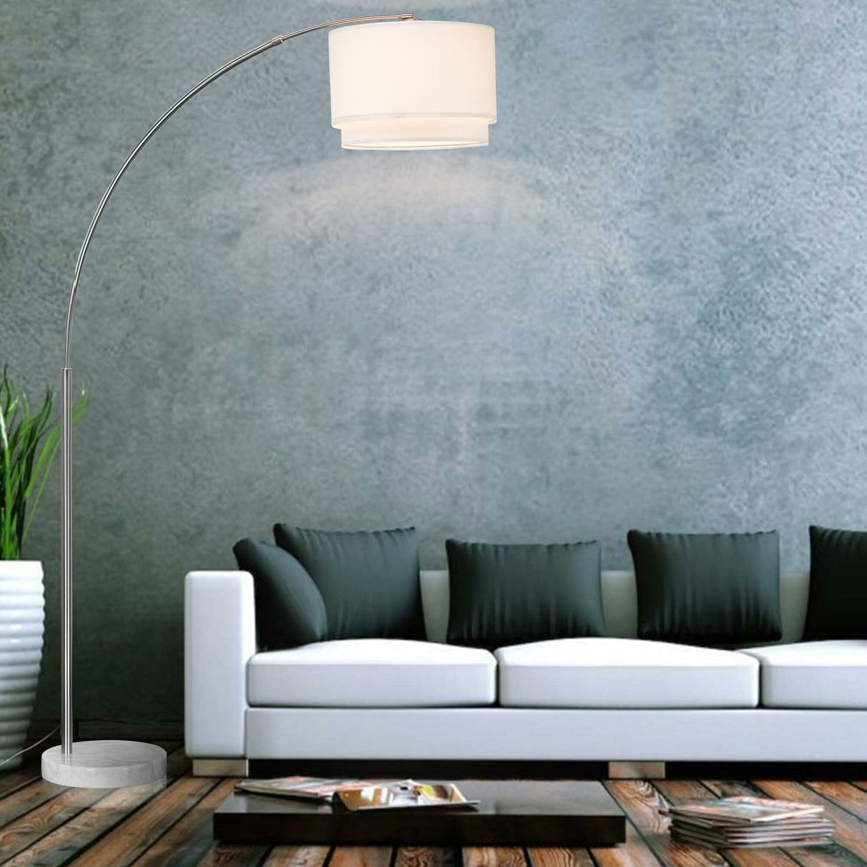 Q-Max Modern 81" Tall Standing Adjustable Arched Floor Lamp with Double Drum Shade and Marble Base