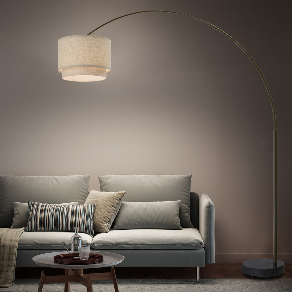 Q-Max Modern 81" Tall Standing Adjustable Arched Floor Lamp with Double Drum Shade and Marble Base