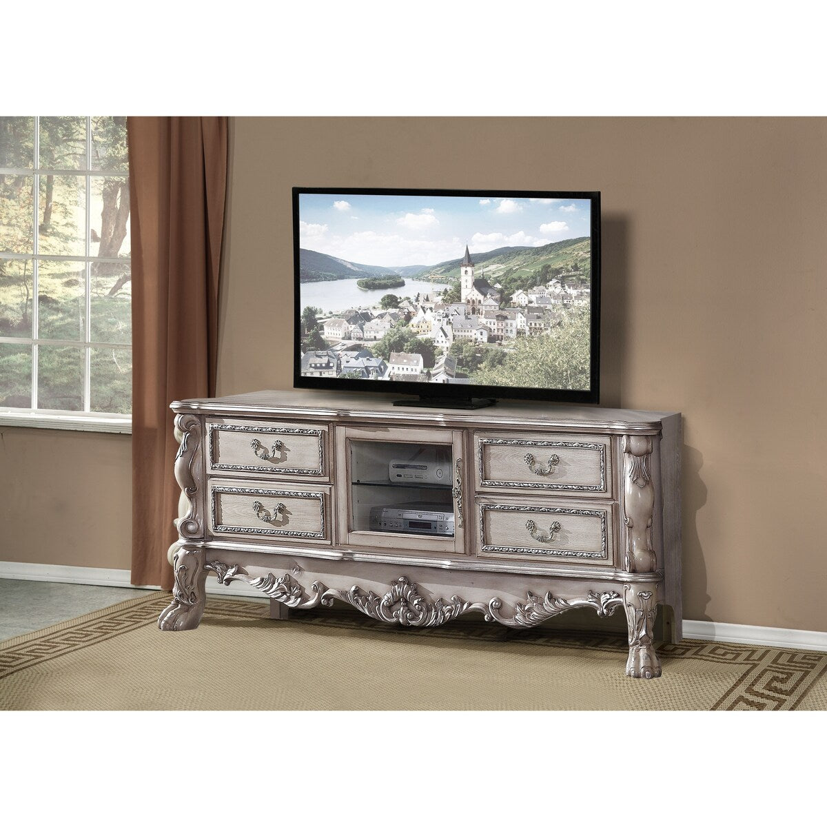 Q-Max TV Stand Vintage Bone White Finish With 4 Drawer Vintage