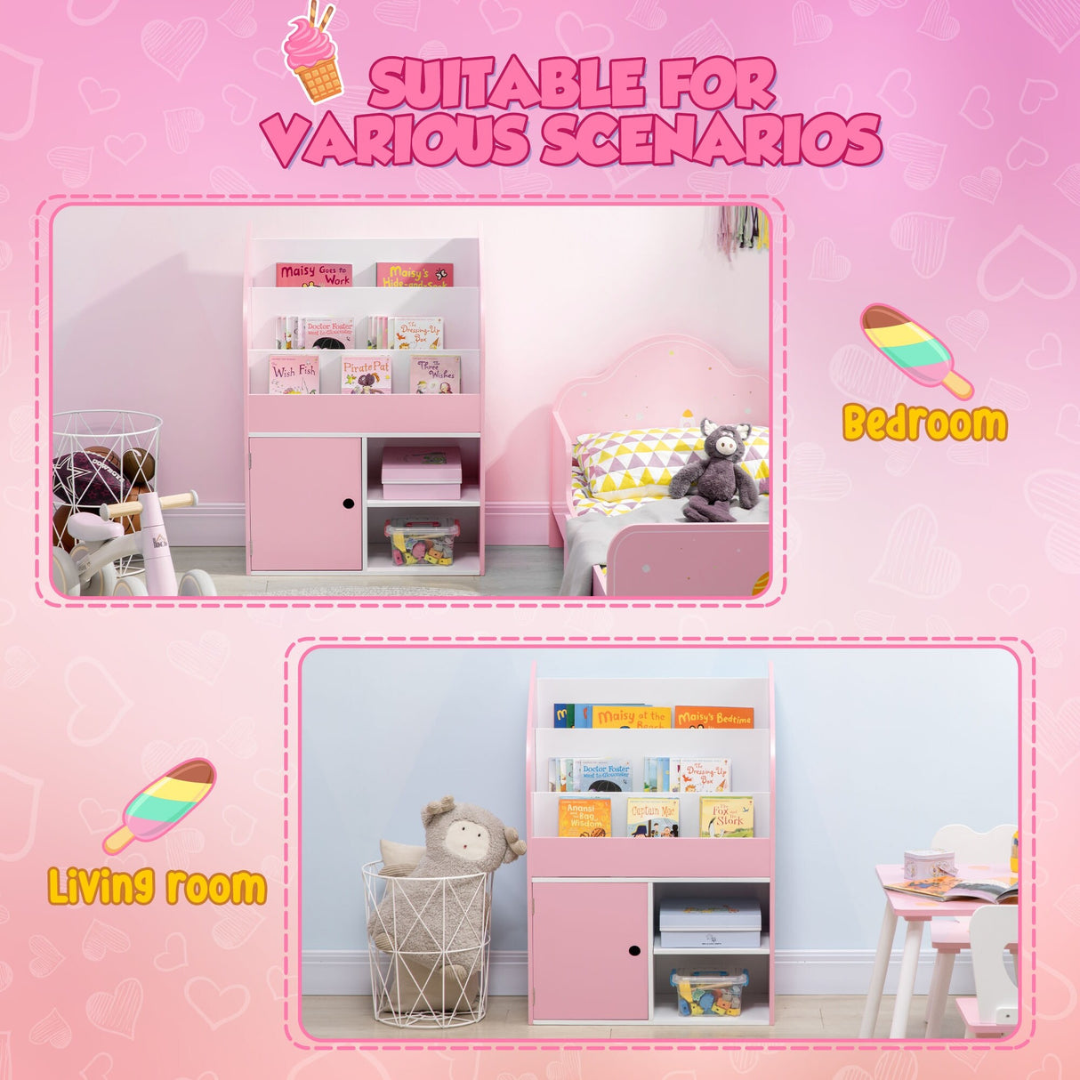 Qaba Bookshelf, Multi-Purpose Kids Toy Storage Organizer for Preschool & Early Reading, Kids Bookcase with Cabinet