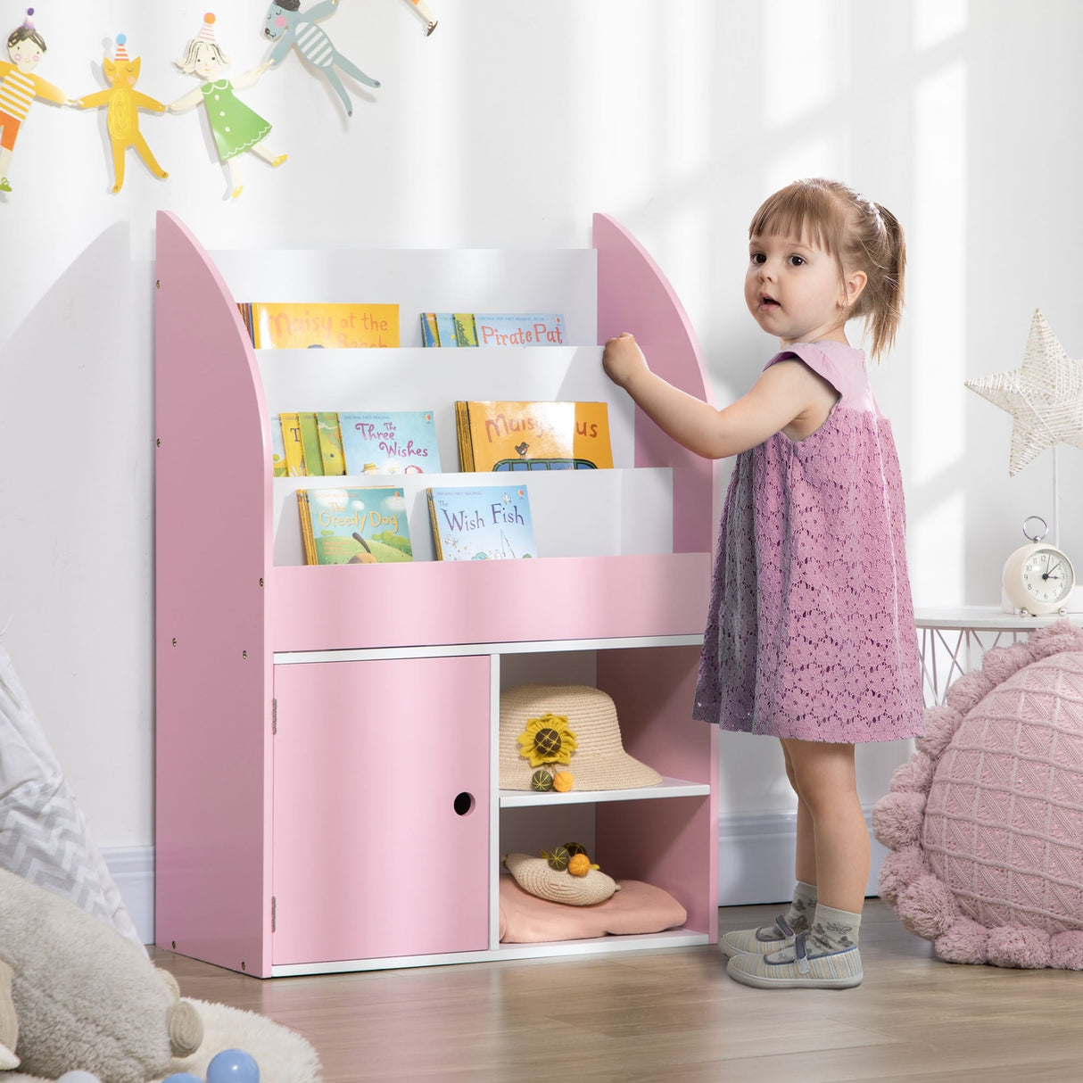 Qaba Bookshelf, Multi-Purpose Kids Toy Storage Organizer for Preschool & Early Reading, Kids Bookcase with Cabinet