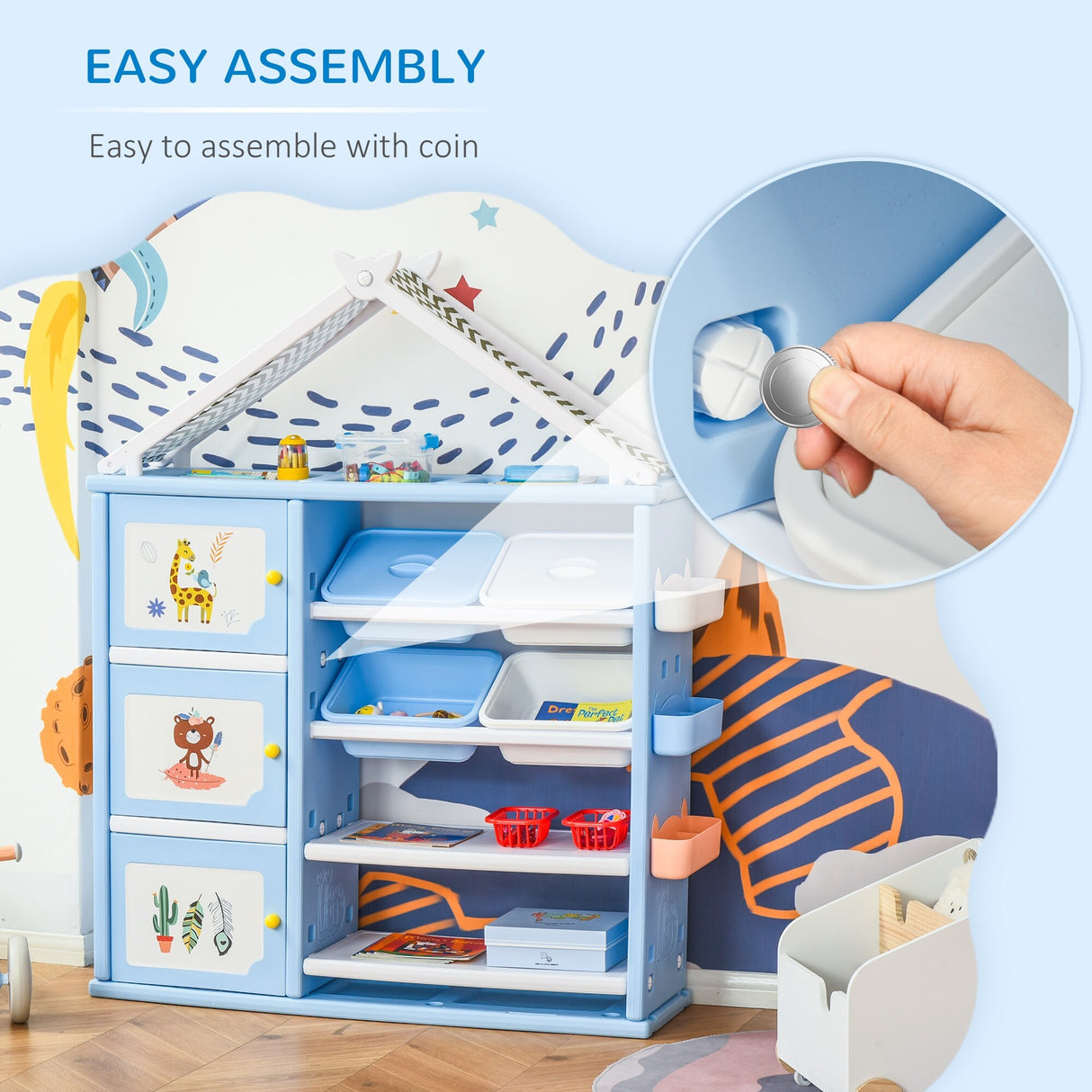 Qaba Toy, Clothing, and School Supplies Kids Storage Organizer Cabinet for Kids Bedroom Storage and More, Shelves with Bins