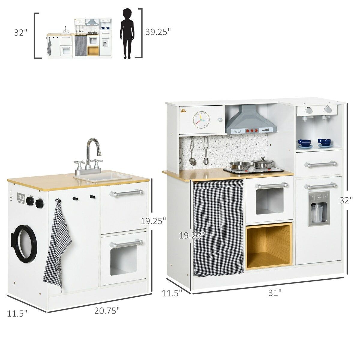 Qaba Kids Wooden Kitchen Playset with Sound Effects and Tons of Countertop Space, Wooden Corner Play Kitchen Set