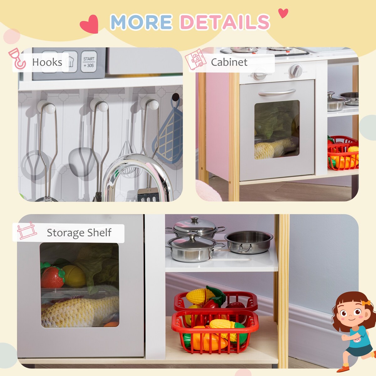 Qaba Wooden Play Kitchen with Realistic Lights and Sounds, Height-Adjustable Kids Kitchen Playset with Microwave, Range Hood