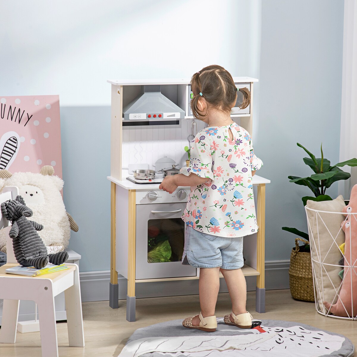 Qaba Wooden Play Kitchen with Realistic Lights and Sounds, Height-Adjustable Kids Kitchen Playset with Microwave, Range Hood