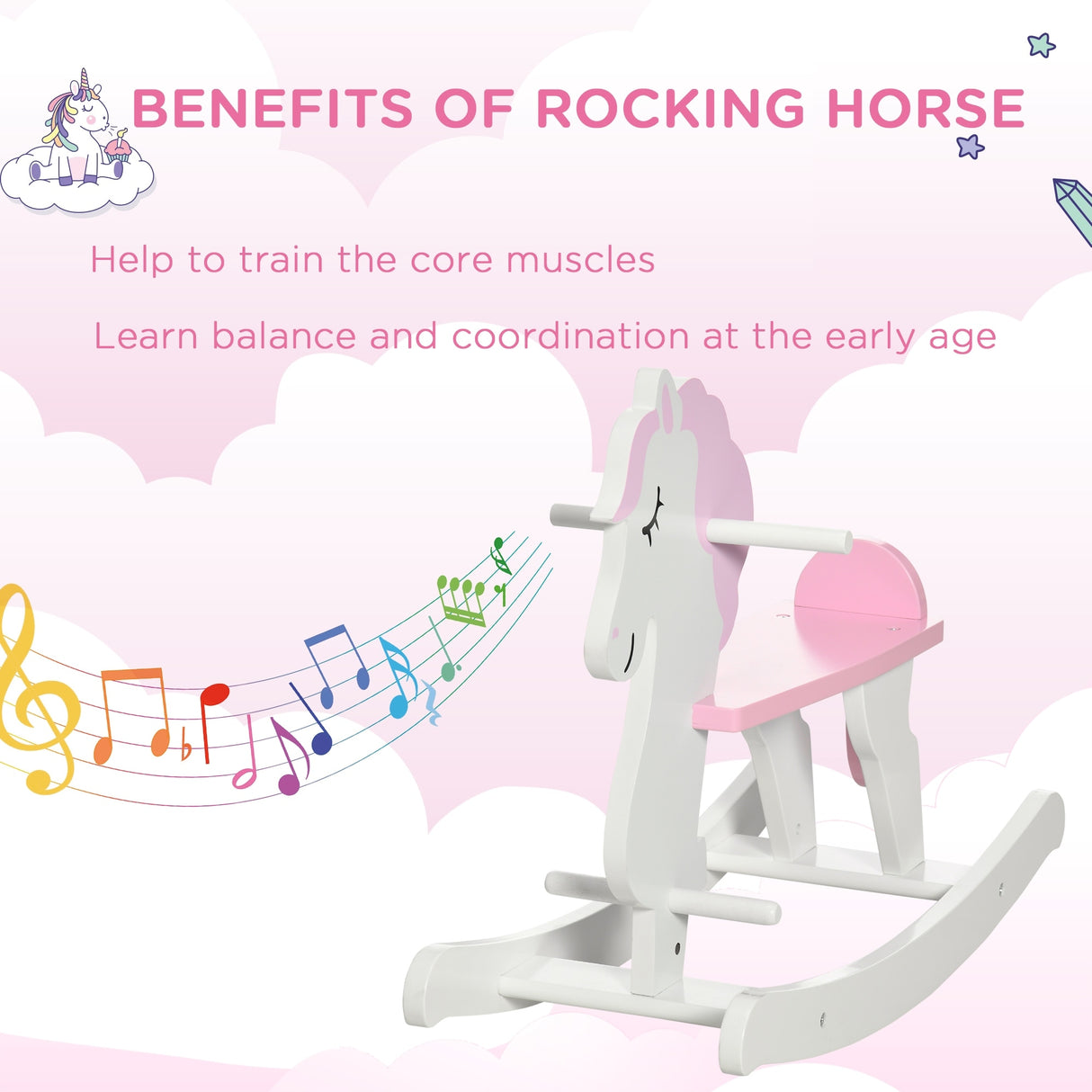 Qaba Wooden Rocking Horse, Baby Rocking Chair, for Toddlers 1-3, Kids Ride on Horse for Boys and Girls, Pink and White