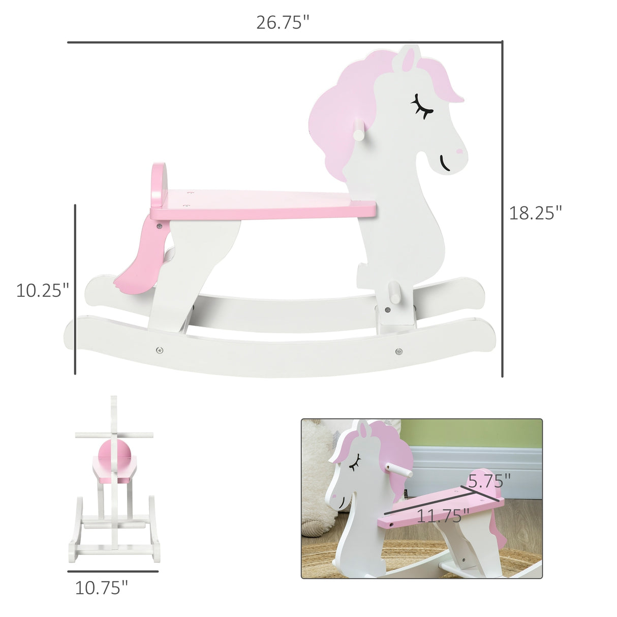 Qaba Wooden Rocking Horse, Baby Rocking Chair, for Toddlers 1-3, Kids Ride on Horse for Boys and Girls, Pink and White