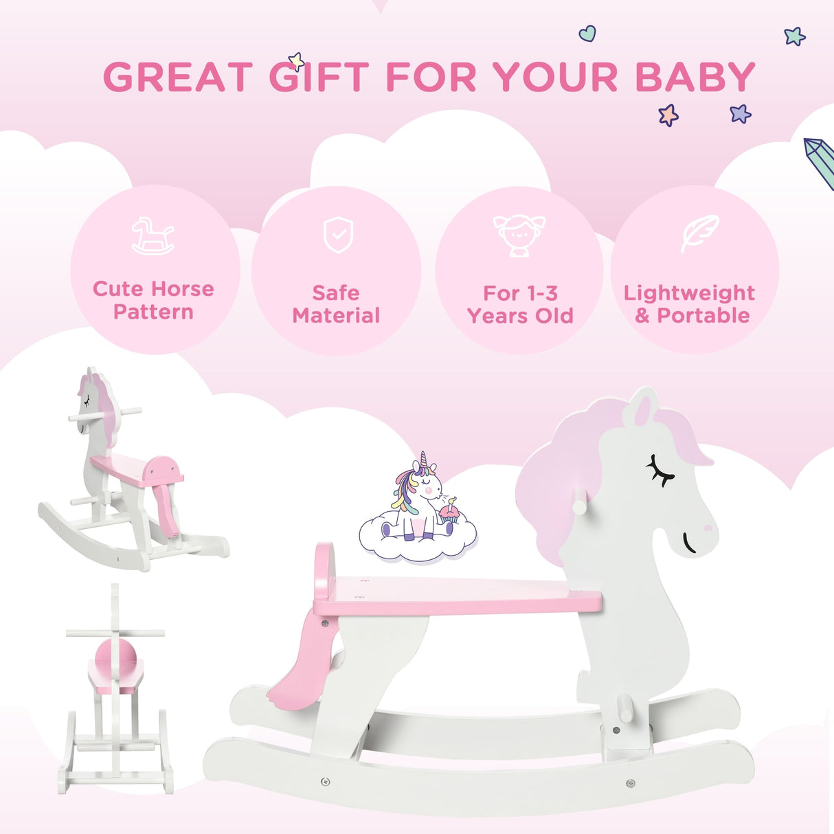 Qaba Wooden Rocking Horse, Baby Rocking Chair, for Toddlers 1-3, Kids Ride on Horse for Boys and Girls, Pink and White