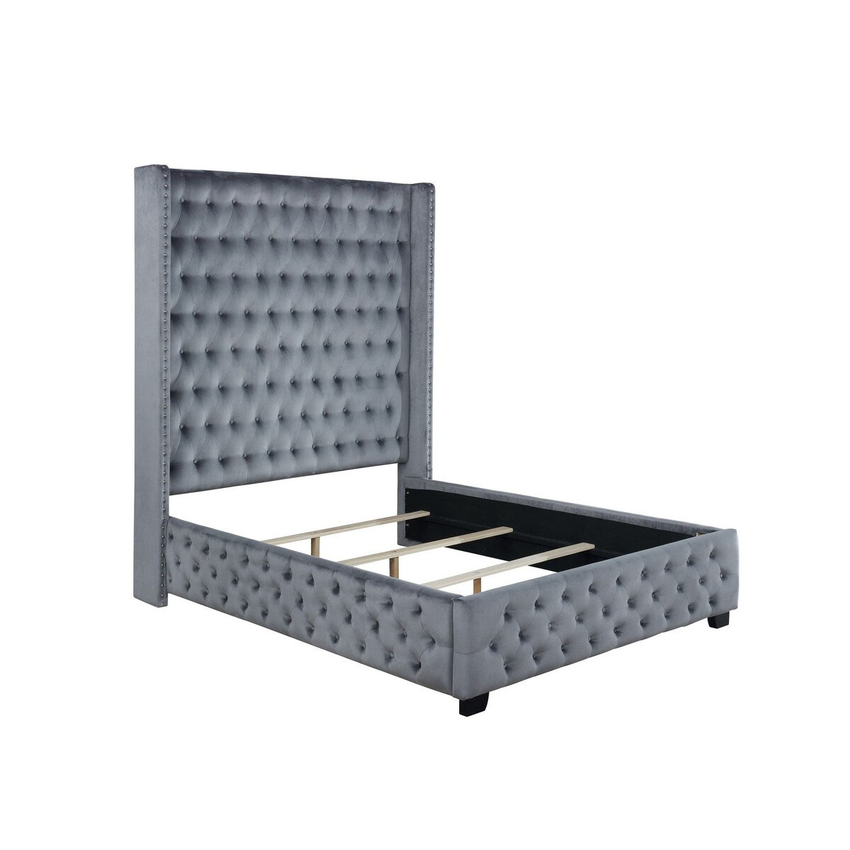 Qua Wingback King Panel Bed, Nailed Tall Headboard, Gray Velvet Upholstery