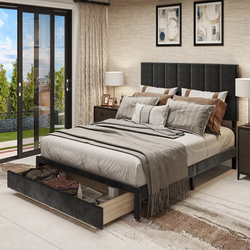 Queen Bed Frame Height Adjustable Headboard Storage Drawer Upholstered