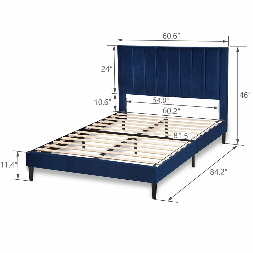 Queen Bed Frame/Velvet Upholstered Bed Frame, Navy Blue