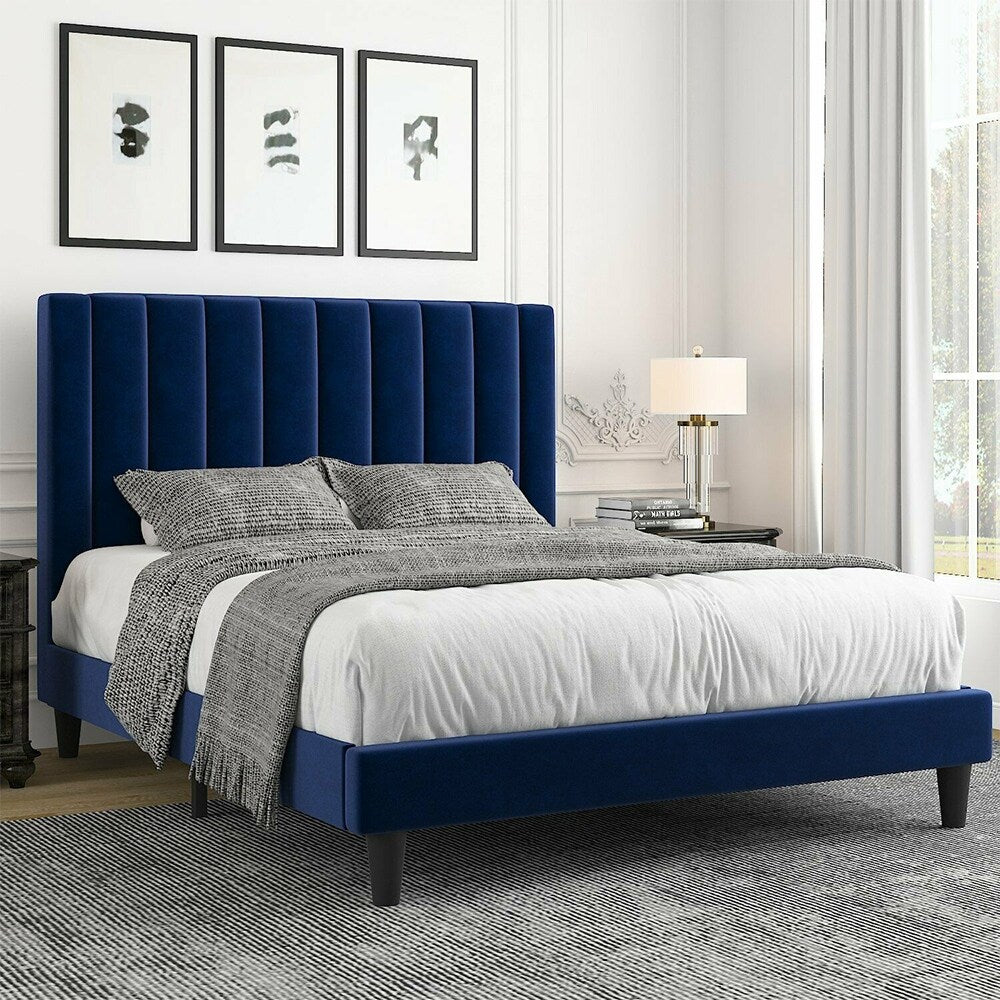 Queen Bed Frame/Velvet Upholstered Bed Frame, Navy Blue