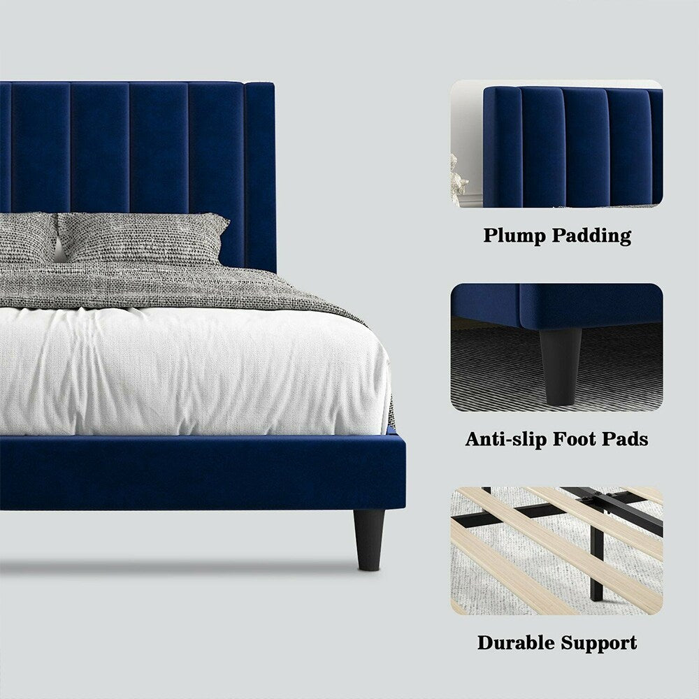 Queen Bed Frame/Velvet Upholstered Bed Frame, Navy Blue