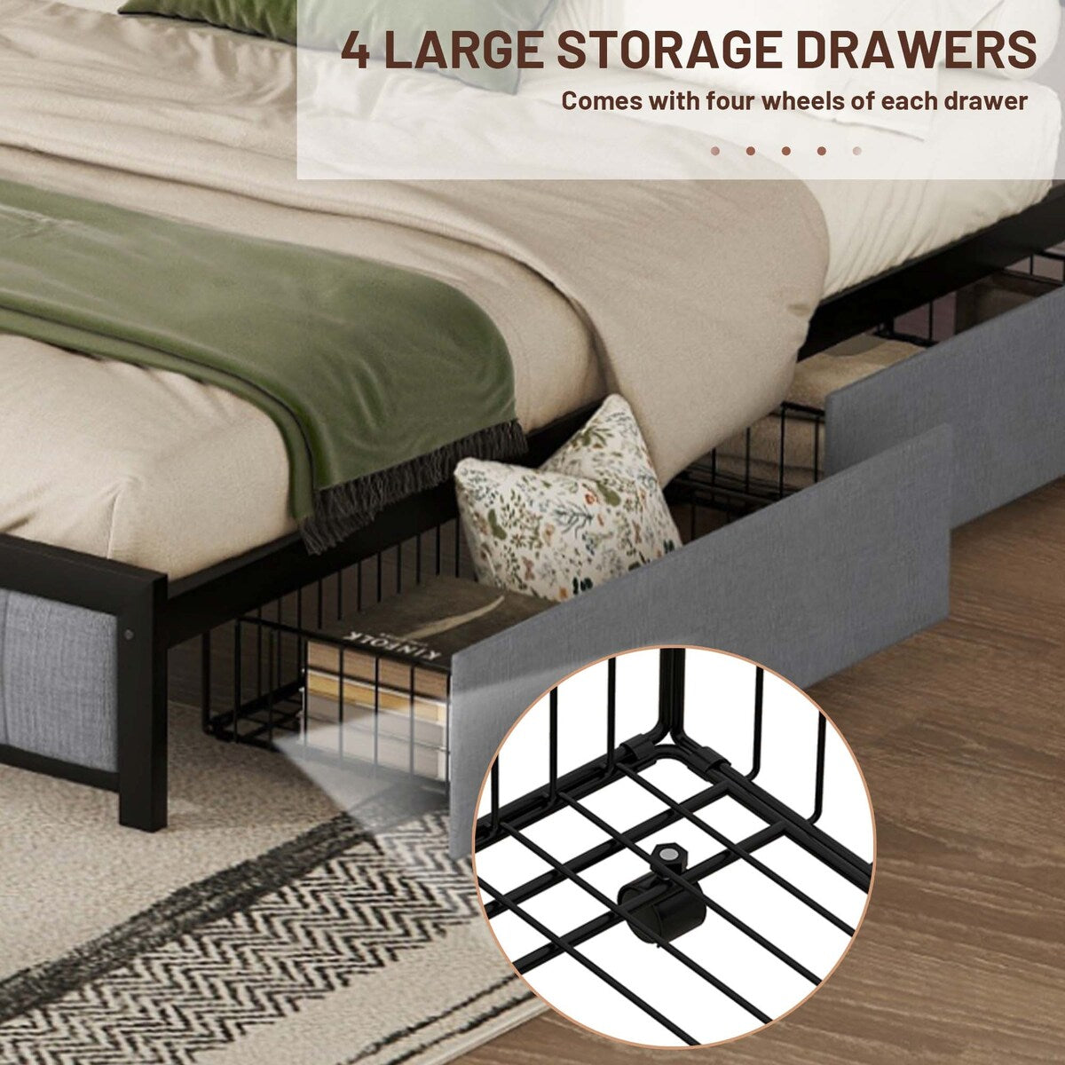 Queen Bed Frame with LED Headboard,4 Storage Drawers and USB Ports