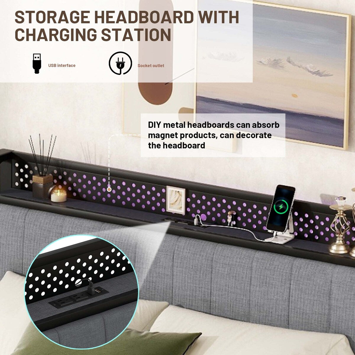 Queen Bed Frame with LED Headboard,4 Storage Drawers and USB Ports